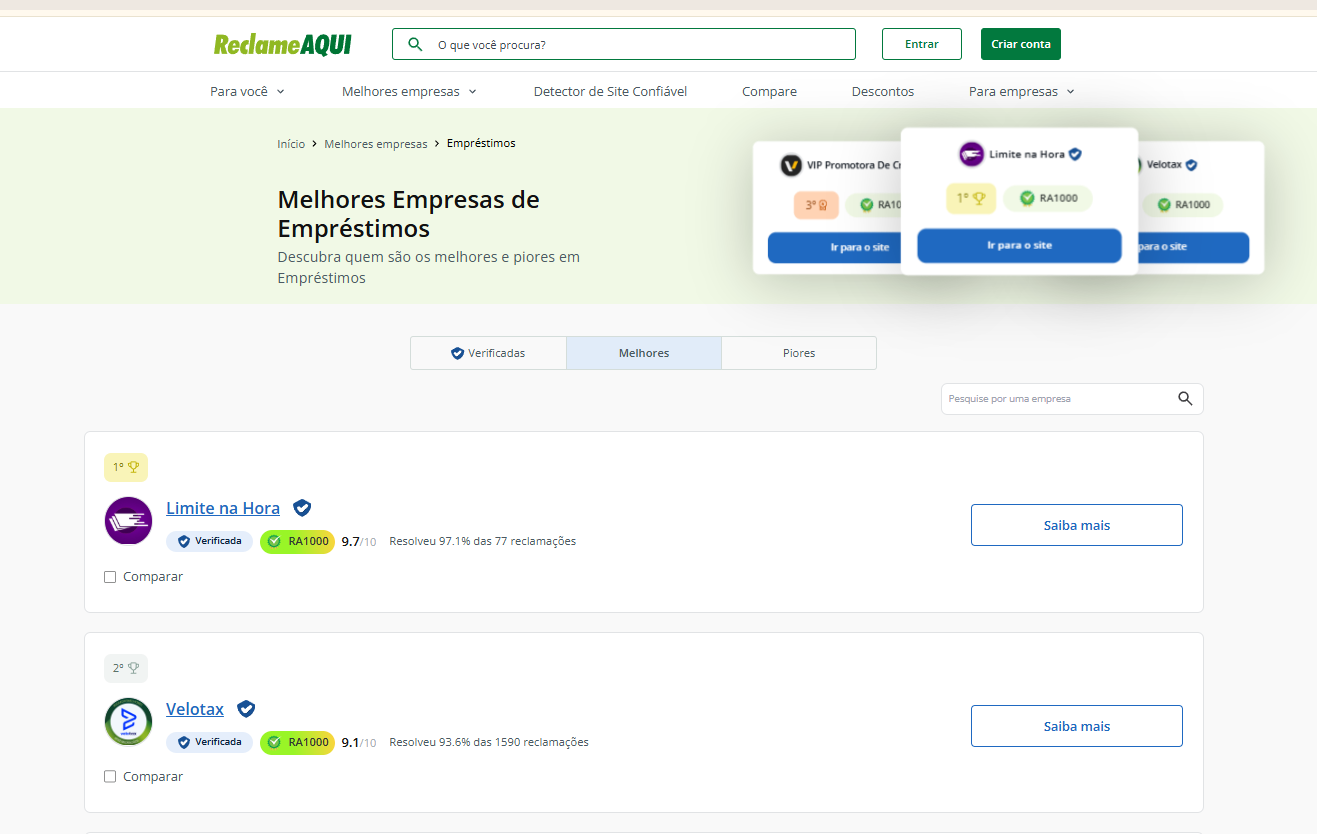 Registro do ranking de empr&eacute;stimos do Reclame AQUI consultado em 25 de agosto de 2026